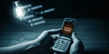 A person's hands holding a vintage flip phone displaying a phishing message, symbolizing the evolving threat landscape of cyber attacks against personal data.