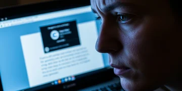 Close-up of a person's face illuminated by a laptop screen showing an AI-generated phishing email, emphasizing the human element in cyber threats.