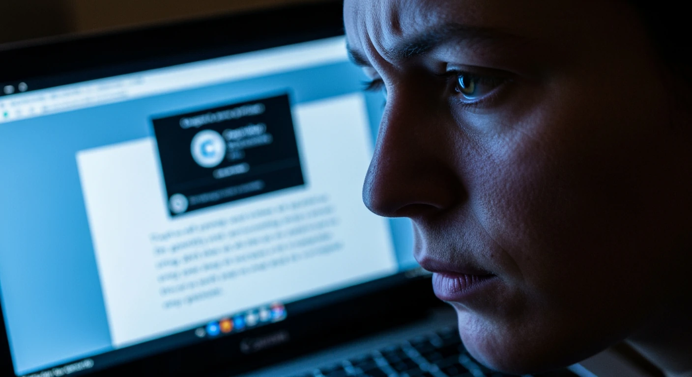 Close-up of a person's face illuminated by a laptop screen showing an AI-generated phishing email, emphasizing the human element in cyber threats.