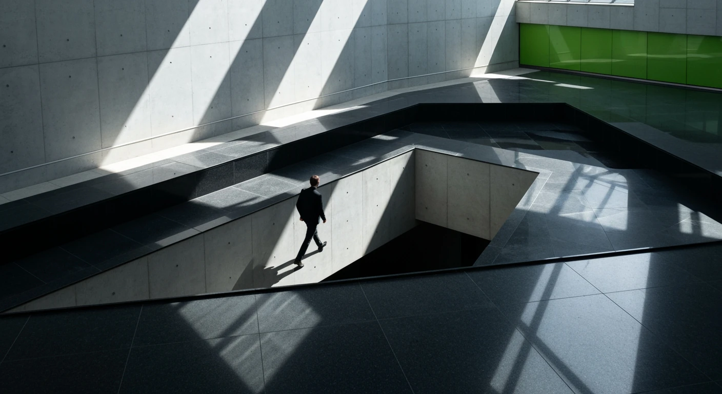 A person walking on a geometric concrete and granite pathway under harsh overhead light, symbolizing the dynamic, multi-faceted nature of modern career paths and the future of work.
