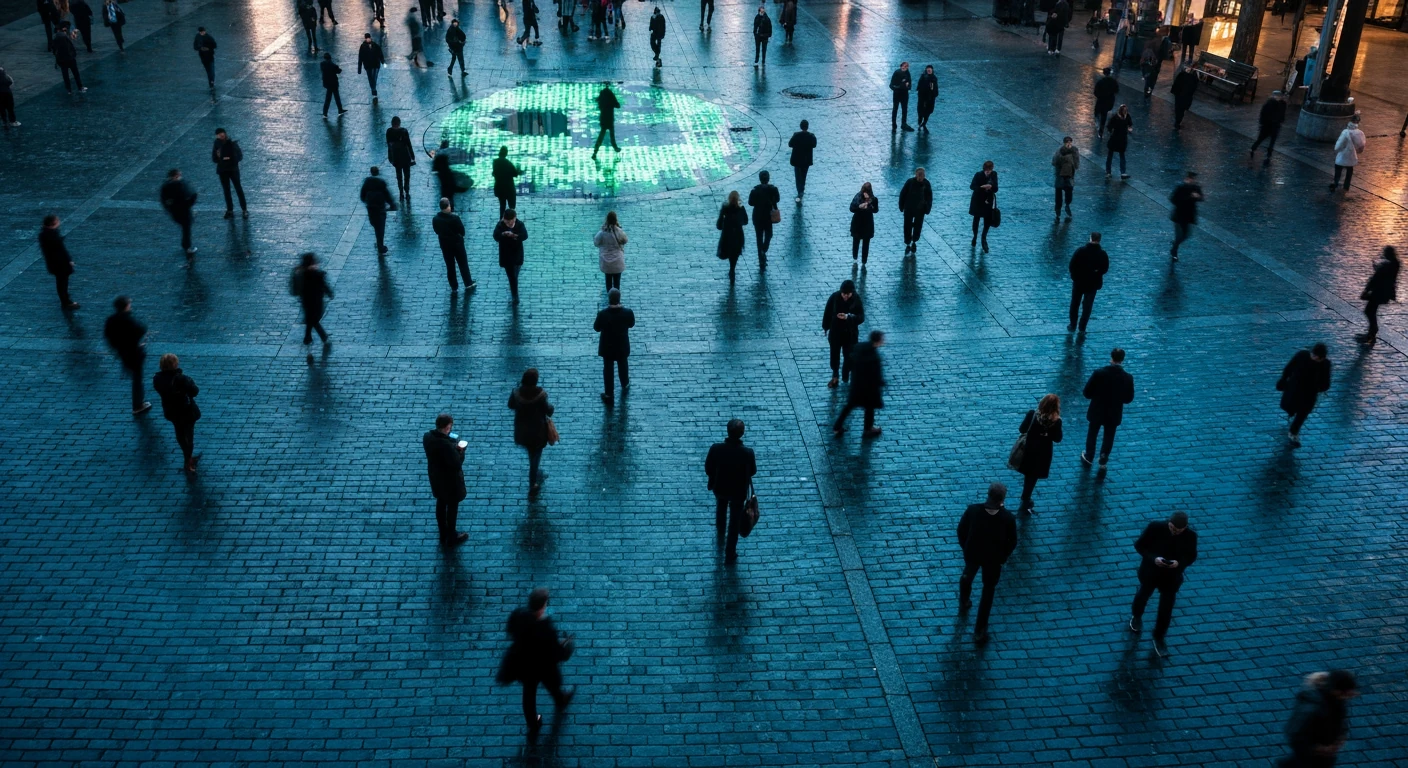 Bird's-eye view of a wet, neon-lit city square at dusk, showing blurred pedestrians engrossed in smartphones, reflecting the pervasive and integrated digital lifestyle.