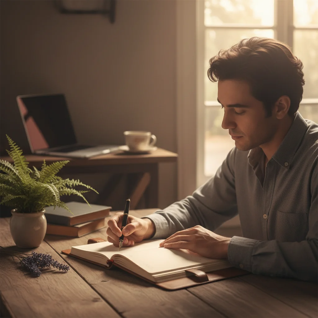 Person journaling in a notebook, with a closed laptop in the background, promoting offline activities and reflection.