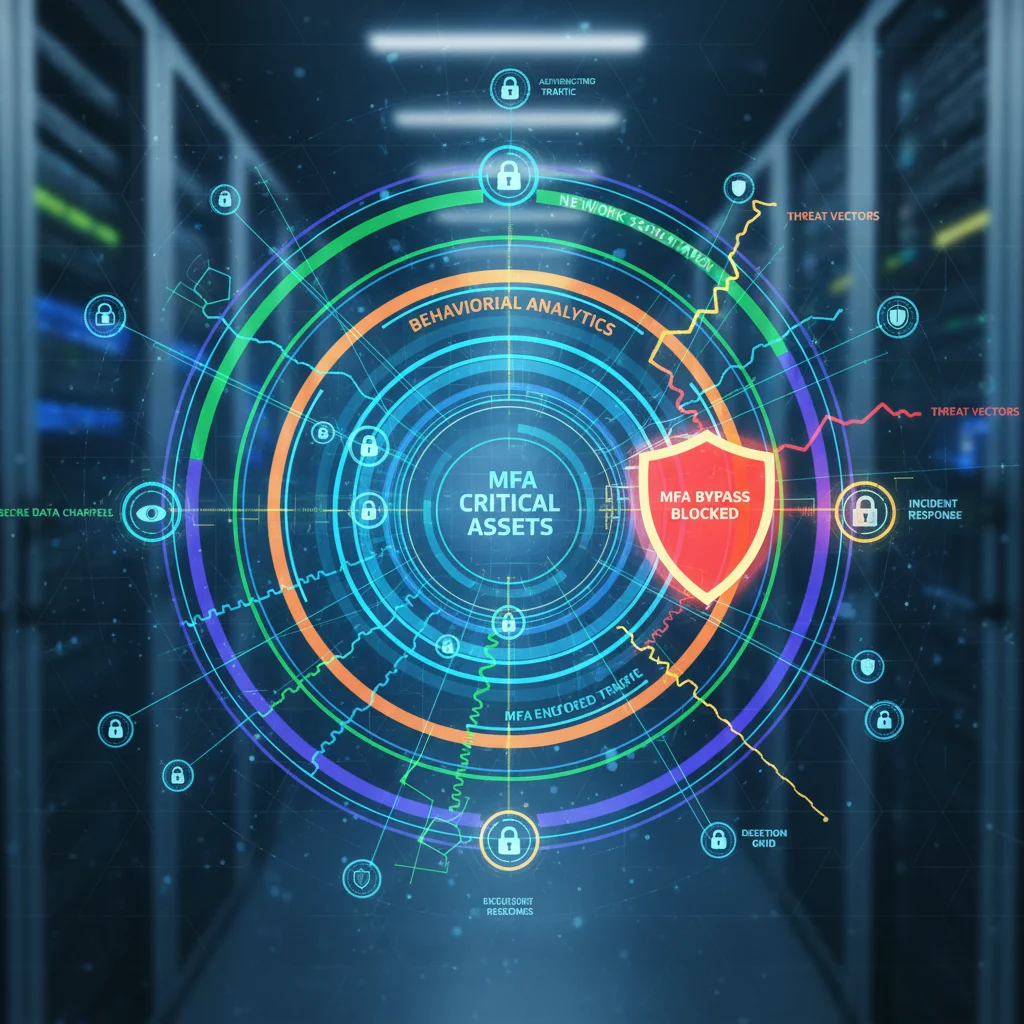 Complex network diagram illustrating layered cybersecurity defenses and robust protection against bypass attempts.