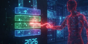 Futuristic digital lock representing MFA being bypassed by a shadowy figure, symbolizing advanced cyber threats.