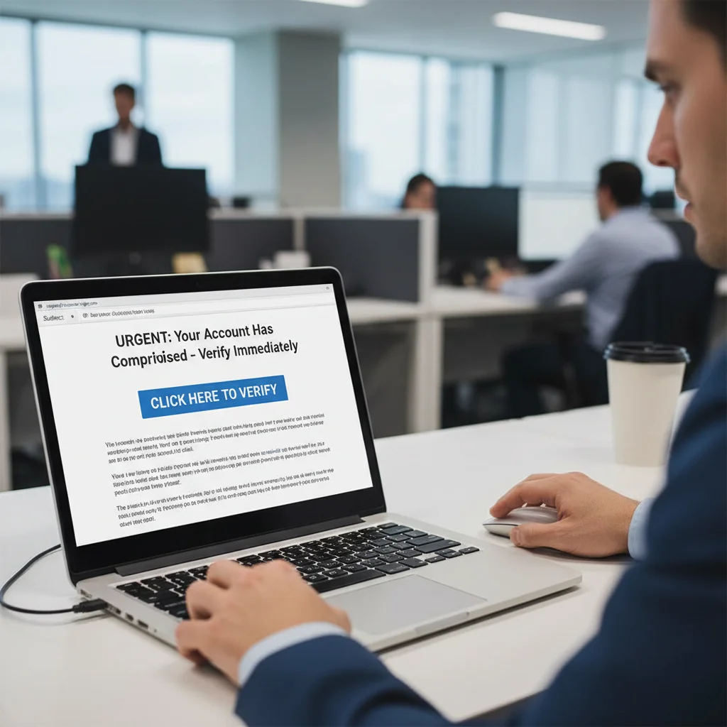 Phishing attack simulation showing a malicious email on a laptop screen, highlighting social engineering tactics.