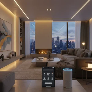 Smart Home Automation: Essential Upgrades for a Seamless Digital Lifestyle Modern living room with smart lighting and tablet displaying home automation controls