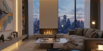 Modern living room with smart lighting and tablet displaying home automation controls
