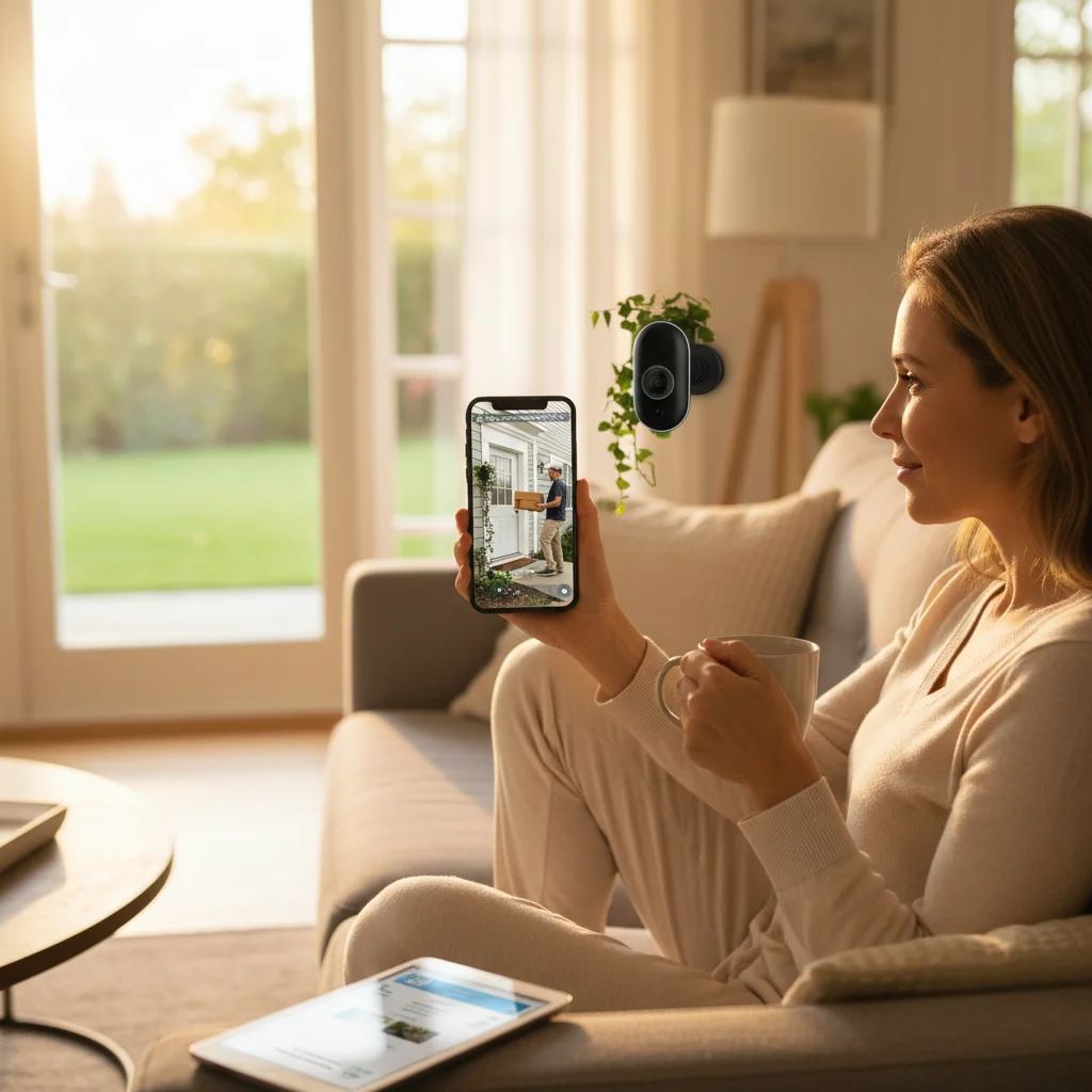 Homeowner monitoring smart security camera feed on smartphone