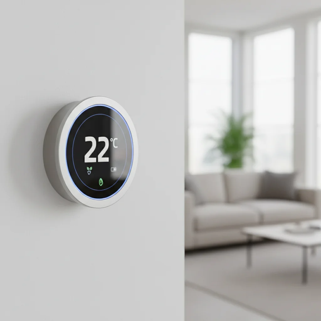 Sleek smart thermostat displaying temperature on a minimalist wall