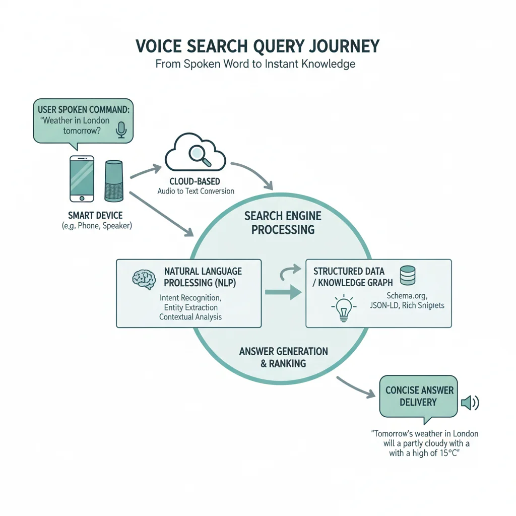 Infographic depicting the voice search query process and data flow