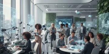 People and robots collaborating in a tech office, symbolizing automation's ethical integration.