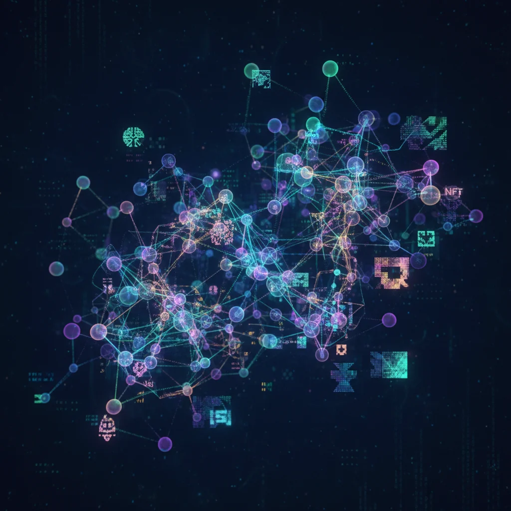 Abstract blockchain network visualizing secure, decentralized data and digital assets.