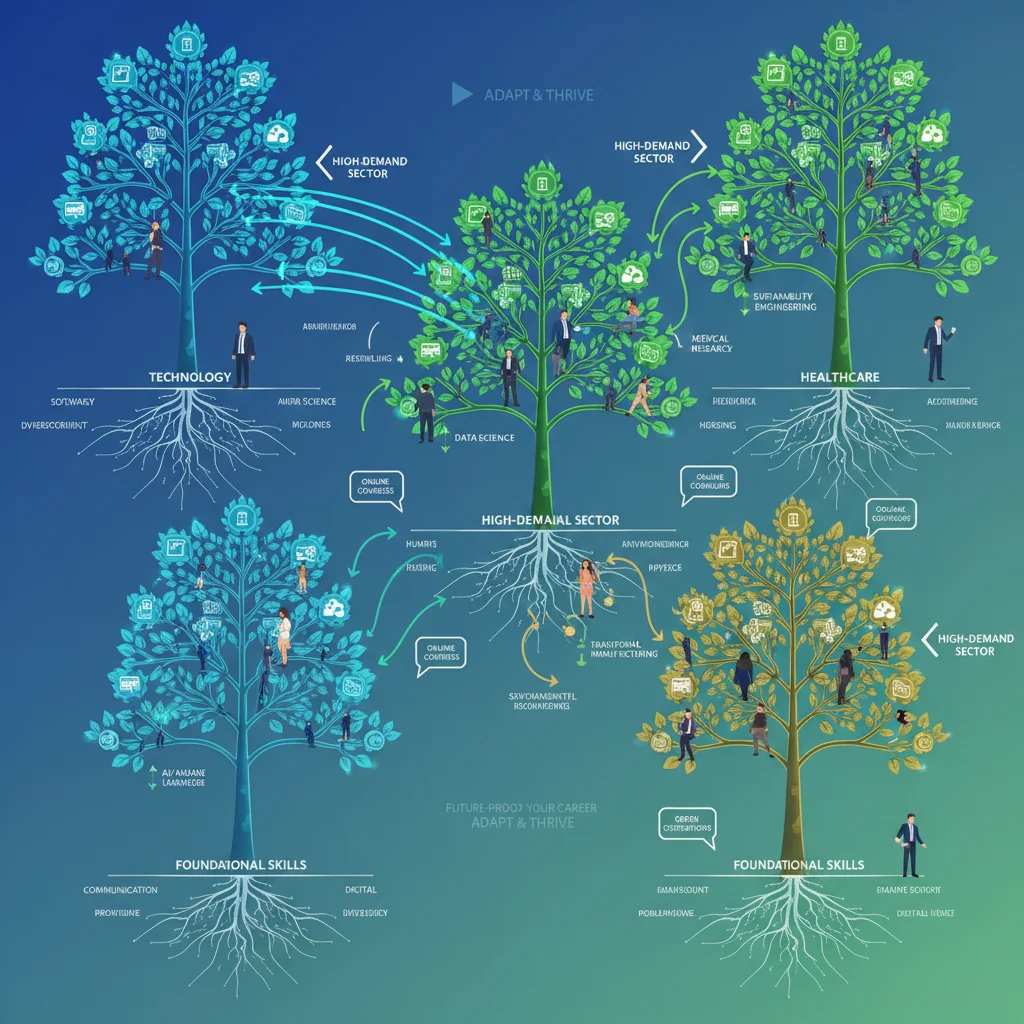 Infographic showing diverse career pathways and skill development for future jobs.