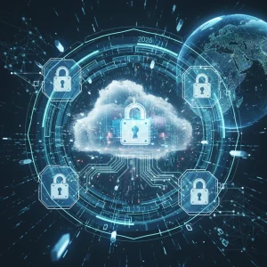 Cloud security shield protecting data in a futuristic digital environment