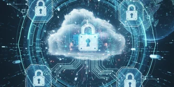 Cloud security shield protecting data in a futuristic digital environment