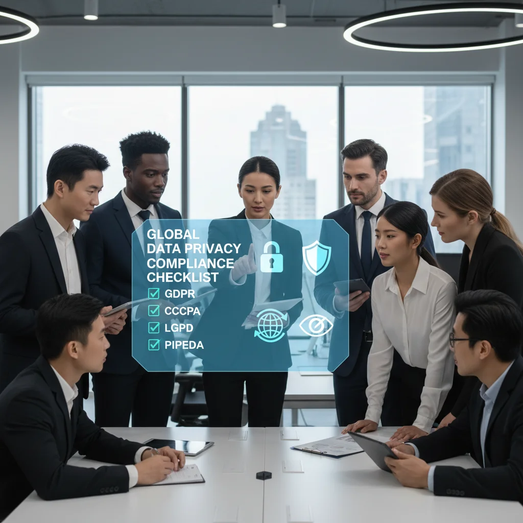 Business professionals collaborating on a holographic compliance checklist for data privacy regulations.