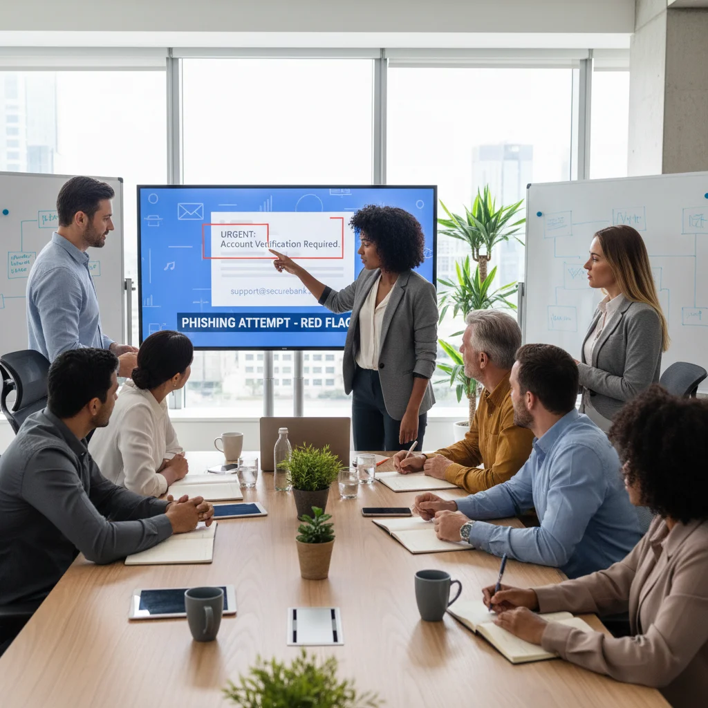 Small business employees actively participating in a cybersecurity awareness training session