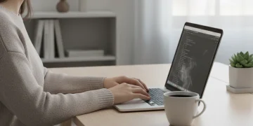Person calmly organizing digital files on a laptop, symbolizing digital decluttering.