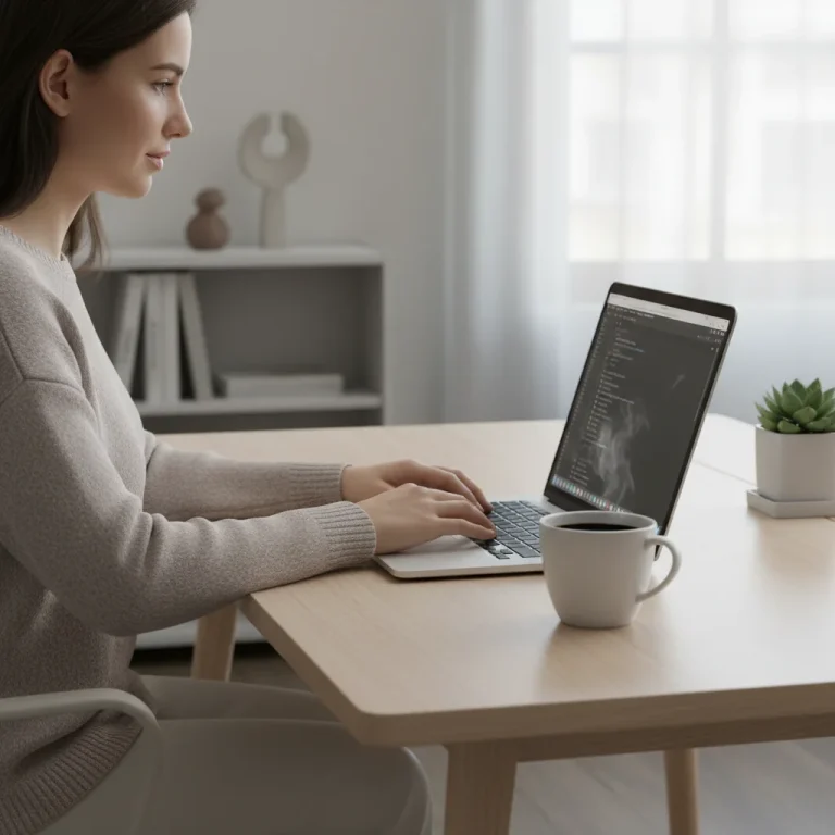 Person calmly organizing digital files on a laptop, symbolizing digital decluttering.