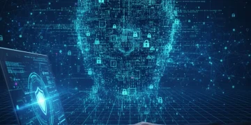 Digital identity protection, person's face made of code, online security