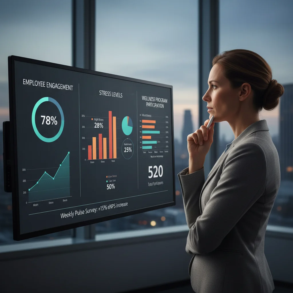 HR professional analyzing a digital dashboard with employee wellness data and analytics.