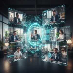 Future Remote Work: Essential Digital Tools for American Professionals Diverse professionals collaborating virtually using advanced digital tools
