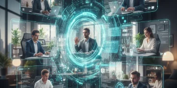 Diverse professionals collaborating virtually using advanced digital tools