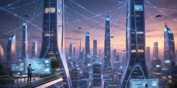 Futuristic cityscape with remote workers and global internet trends