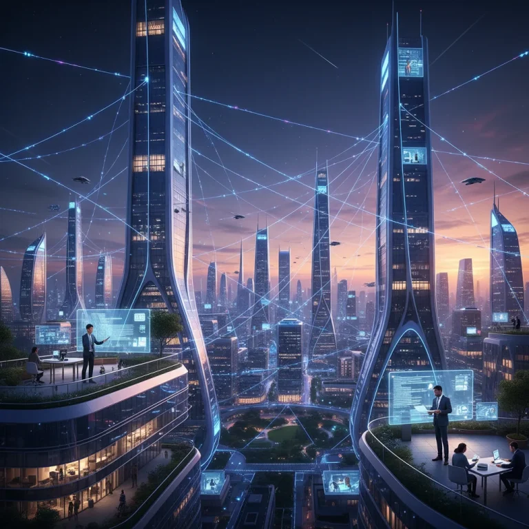 Futuristic cityscape with remote workers and global internet trends