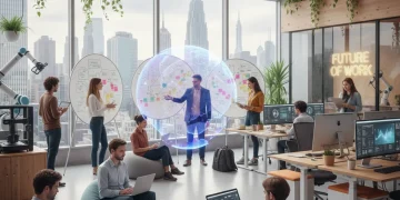 Professionals collaborating in a modern, flexible office, representing future work models.