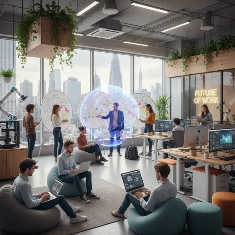 Professionals collaborating in a modern, flexible office, representing future work models.