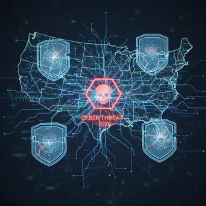 Cybersecurity Threats 2026: Protecting Your Digital Presence in the US Futuristic digital security landscape with warning signs for 2026 cyber threats in the US.