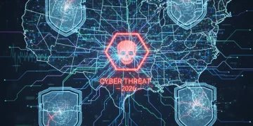 Futuristic digital security landscape with warning signs for 2026 cyber threats in the US.