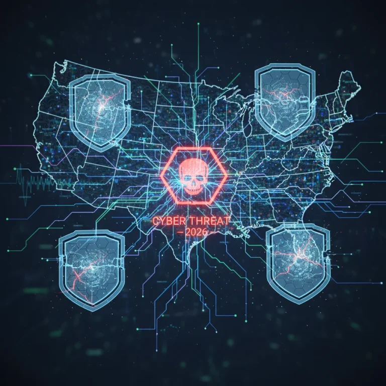 Futuristic digital security landscape with warning signs for 2026 cyber threats in the US.