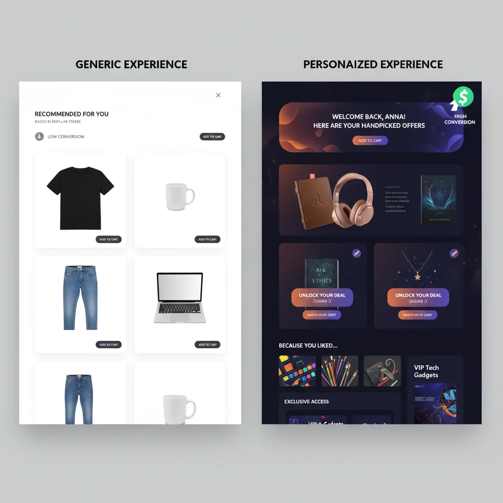 Comparison of generic versus personalized ecommerce experiences showing conversion uplift.