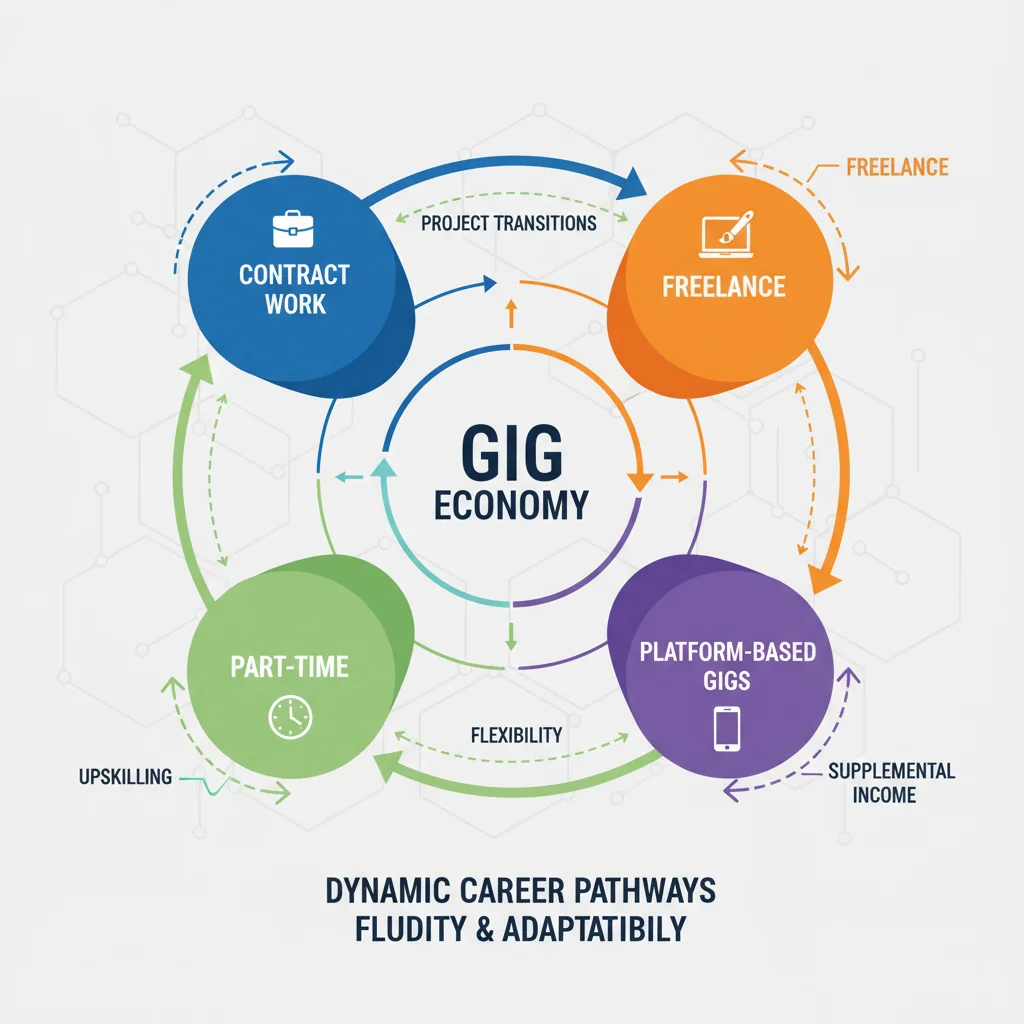 Infographic illustrating interconnected alternative work models and gig economy dynamics.
