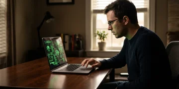A person focused on a laptop screen displaying abstract green code, illustrating the evolving digital security challenges and AI-driven cyberattacks.