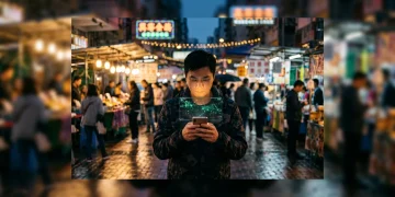 A person walking through a vibrant urban market at dusk, illuminated by a smartphone screen displaying abstract green data, symbolizing invisible digital threats in a bustling online world.