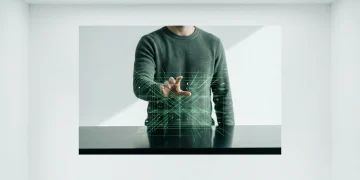 A person's hand reaching towards an illuminated, interwoven grid of green digital lines and data points, symbolizing the blurring lines between work and personal digital life amidst increasing platform usage.