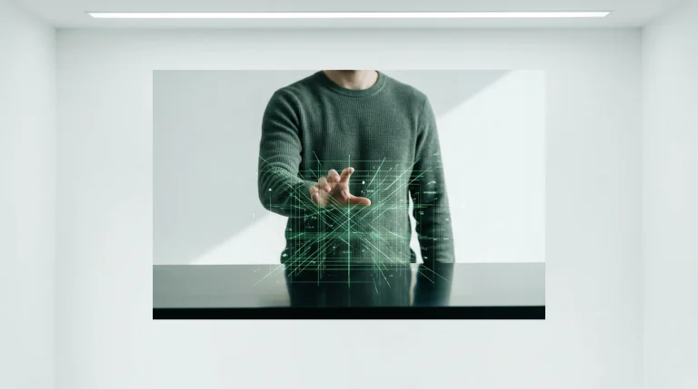 A person's hand reaching towards an illuminated, interwoven grid of green digital lines and data points, symbolizing the blurring lines between work and personal digital life amidst increasing platform usage.