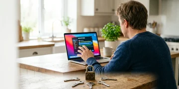 A person engaging with a password manager on a laptop, with old brass keys and a lock scattered nearby, illustrating digital security against convenience.
