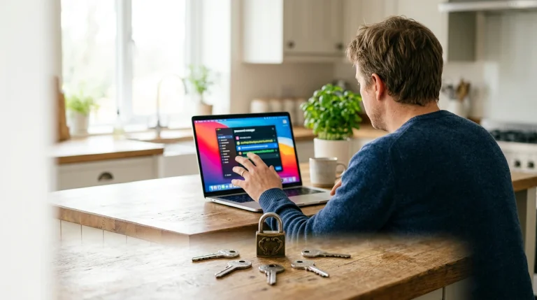 A person engaging with a password manager on a laptop, with old brass keys and a lock scattered nearby, illustrating digital security against convenience.