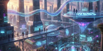 Futuristic digital city with diverse avatars representing metaverse and Web3 interactions.