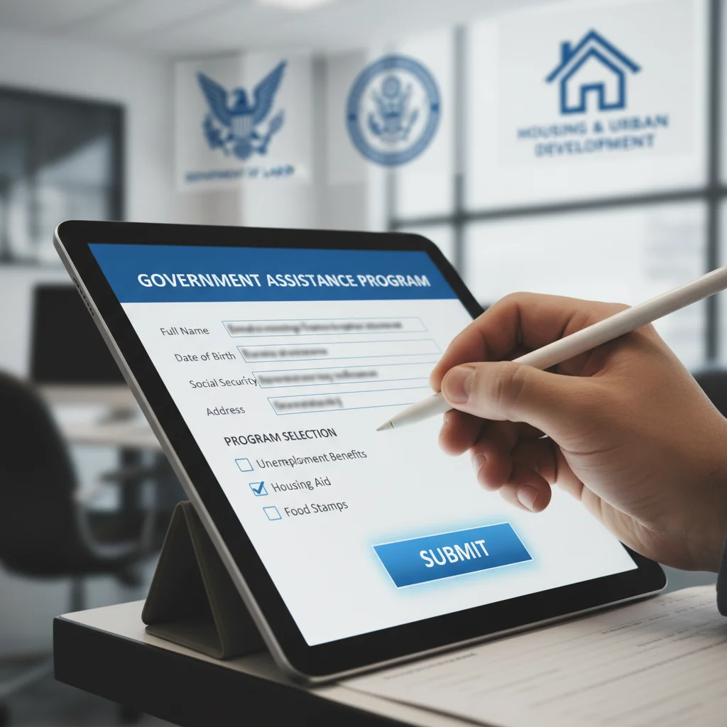Hand filling out an online application for government reskilling aid.