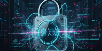 Futuristic digital padlock with biometric icons representing secure passwordless authentication.