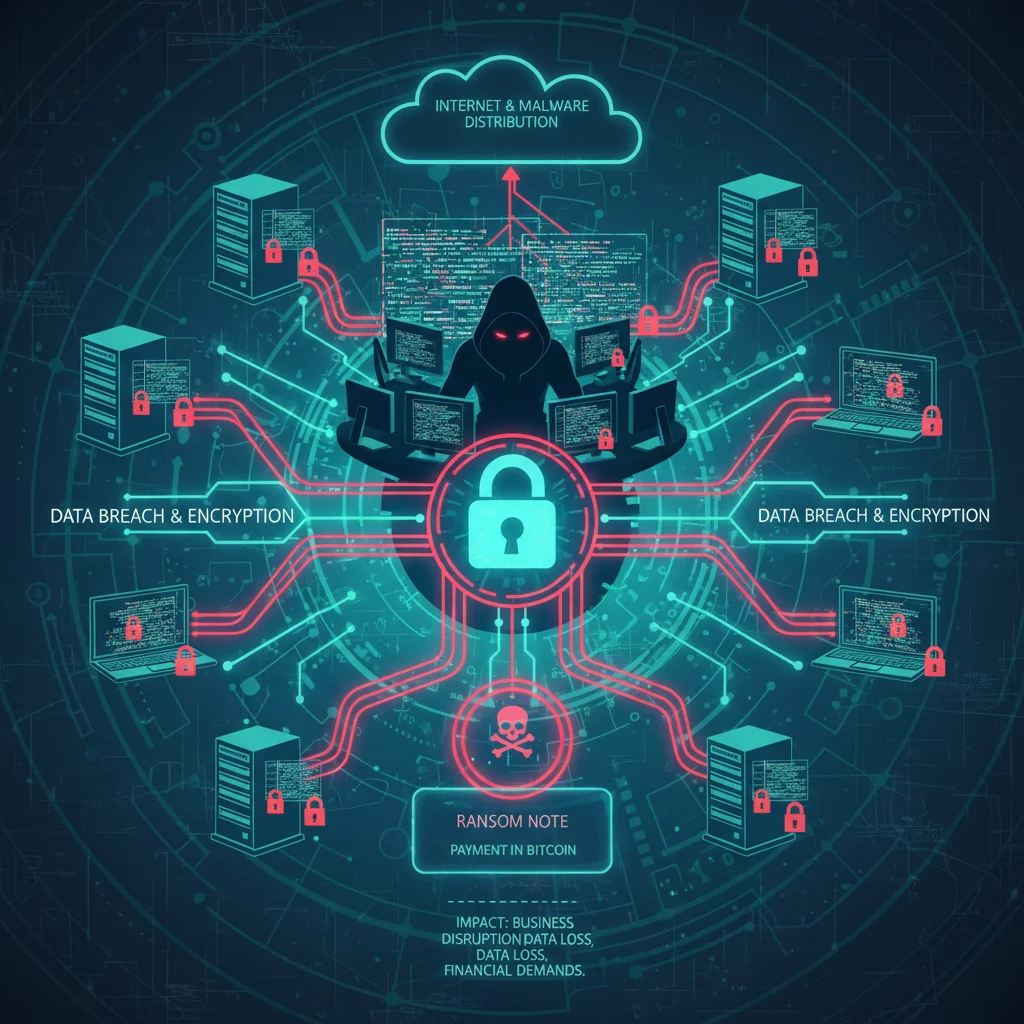 Illustrative diagram of a ransomware attack encrypting data across a network.