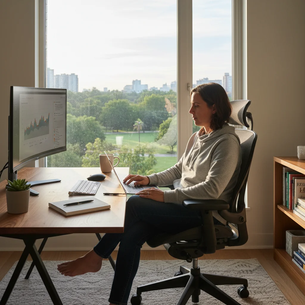 Remote worker in a home office, demonstrating flexibility and productivity.