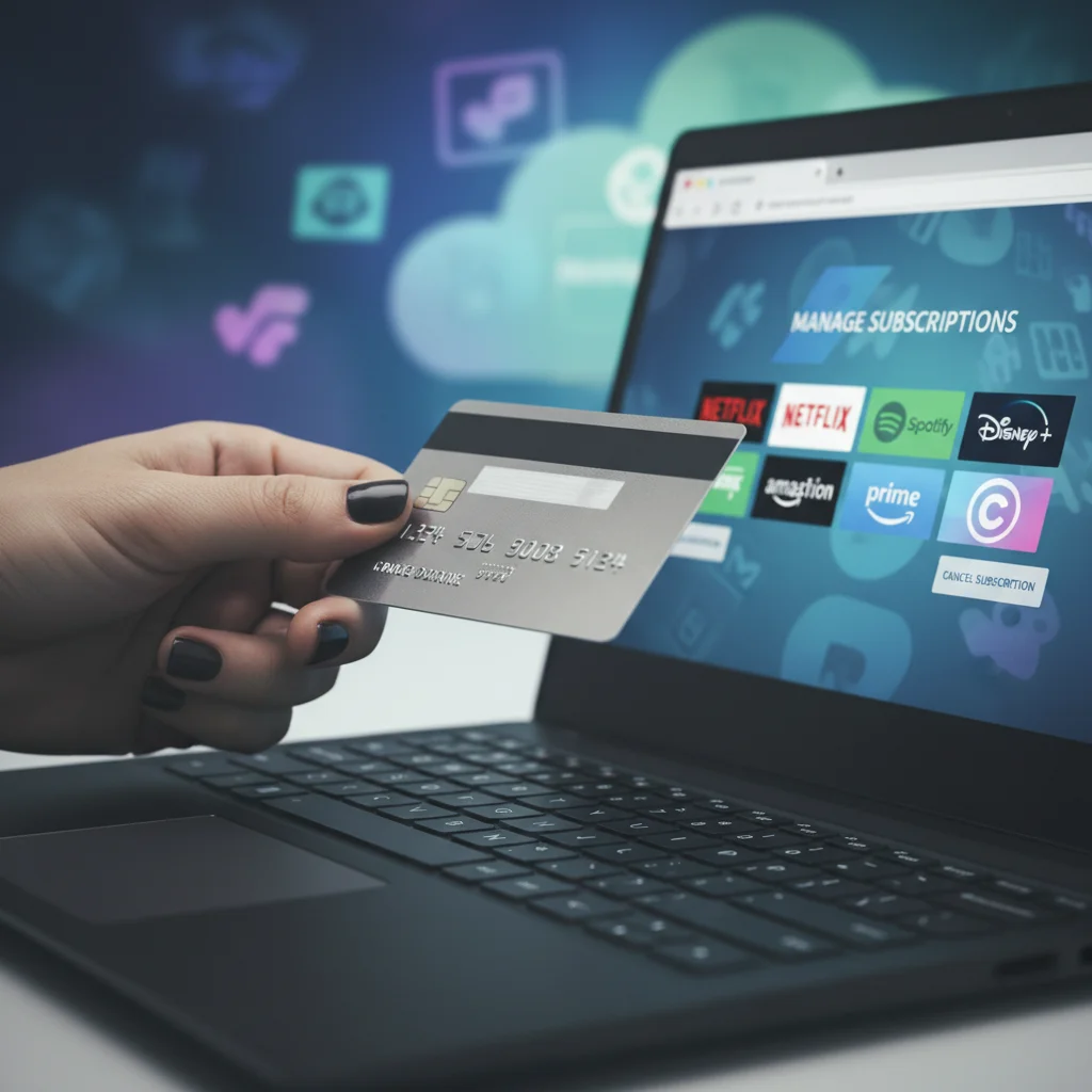 Hand reviewing online subscriptions on a laptop, emphasizing financial digital decluttering.