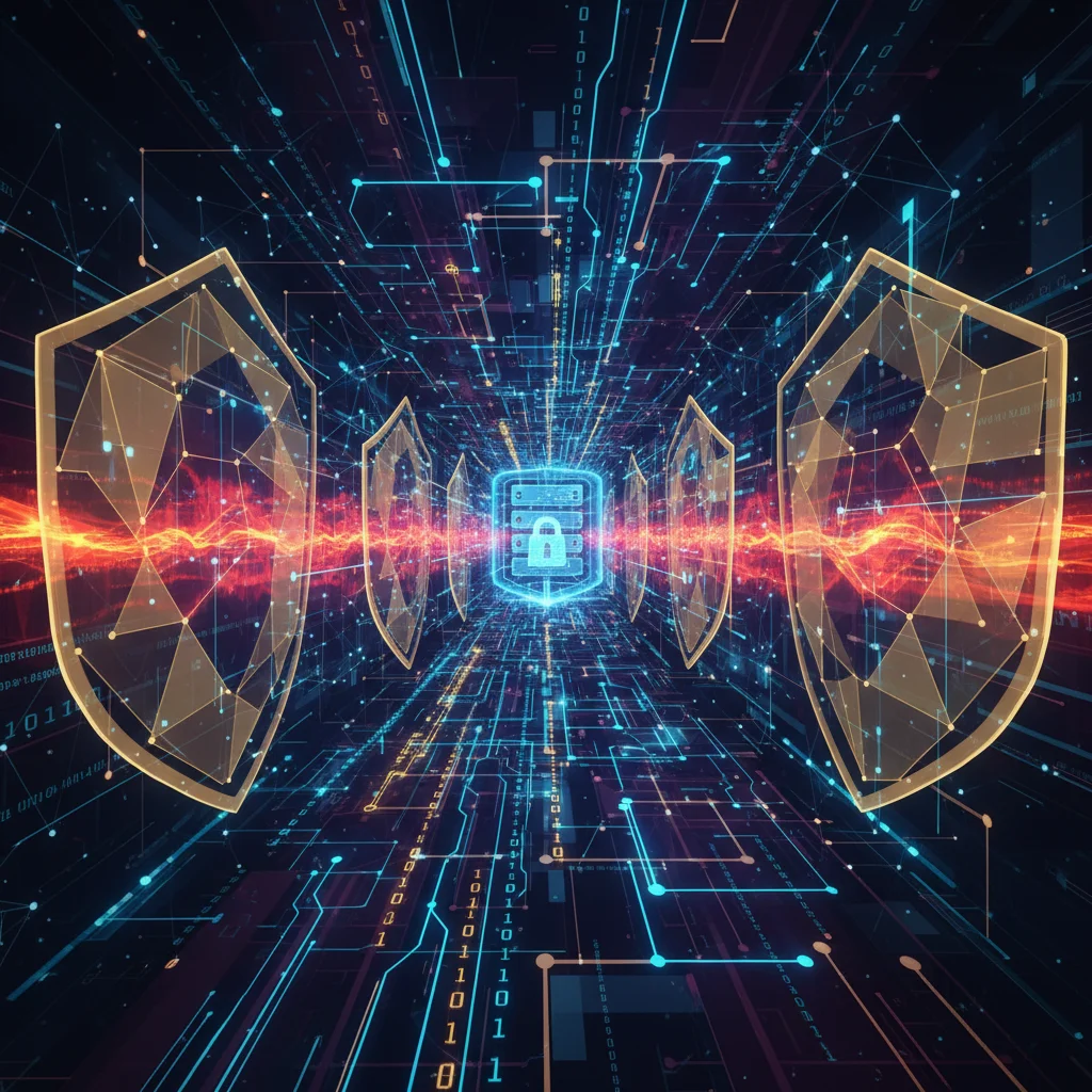 Abstract digital tunnel depicting secure data flow with cybersecurity shields and firewalls.