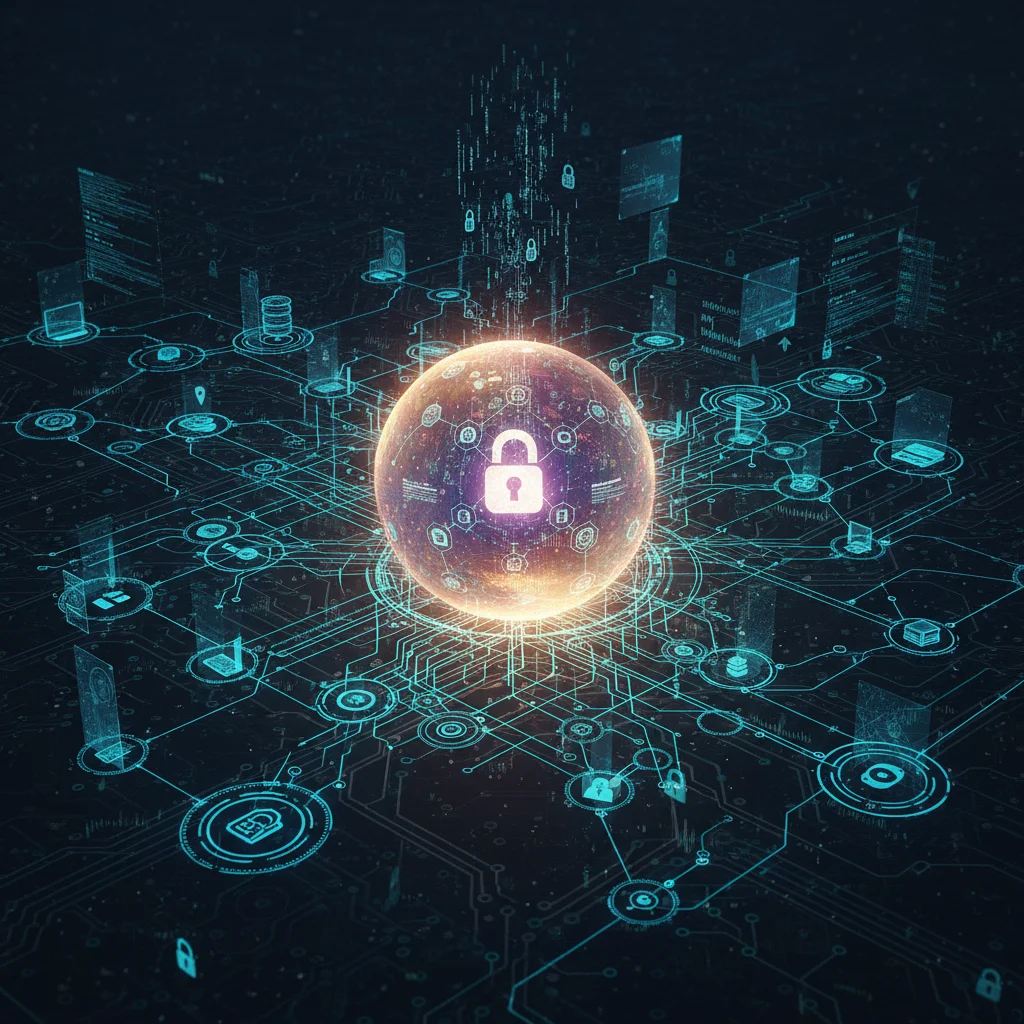 Complex network diagram illustrating a robust passwordless security system protecting data.